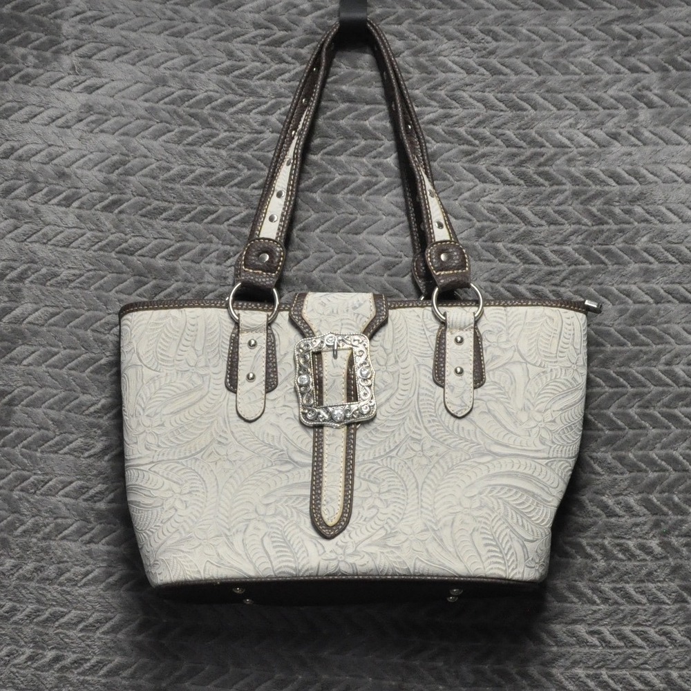 P&G Collection Western Shoulder Bag Medium Brown Cream Excellent Embossed Buckle